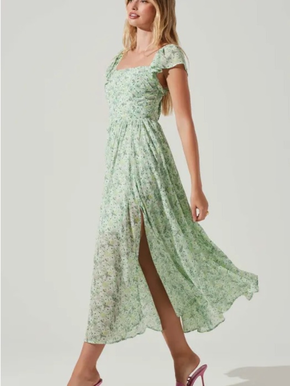 Astr Mint Green Floral Maxi Dress with Square Neck